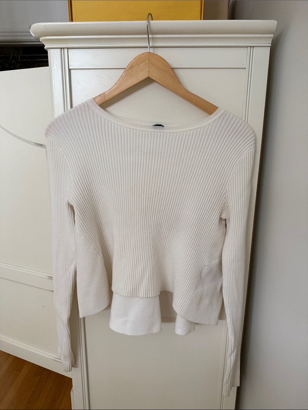 Club Monaco Cream Ribbed Long-Sleeve Crewneck Top